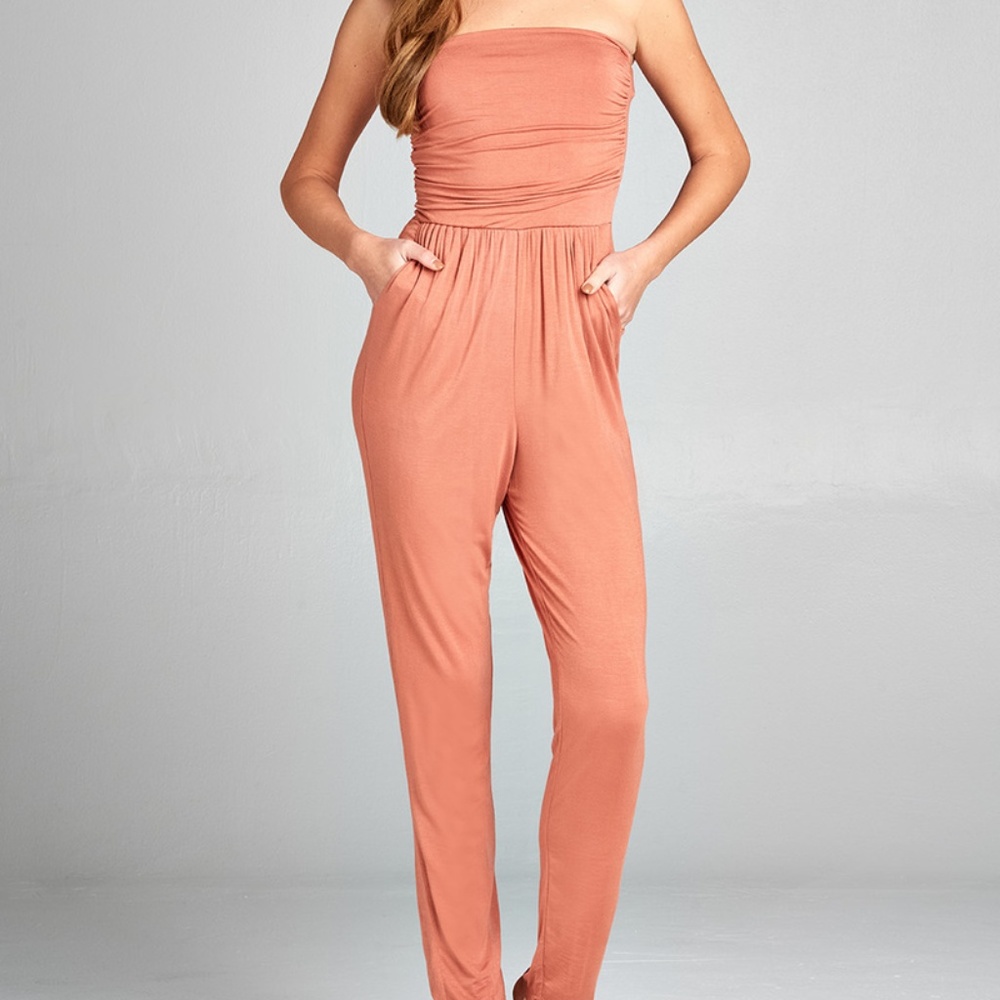 Tube Top Jumpsuit with Pockets - Apricot (Coral)